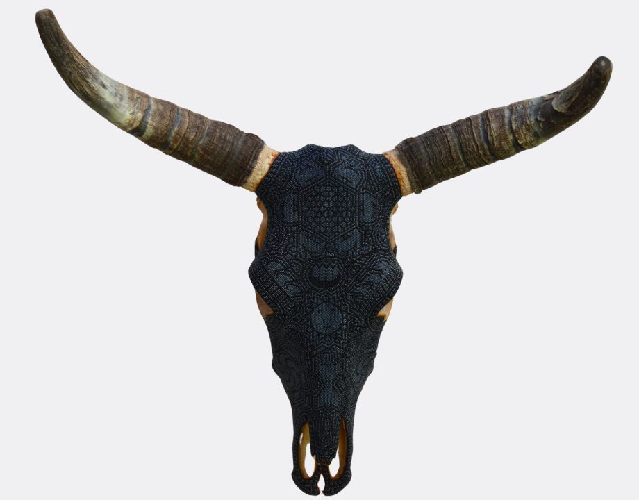 Huichol bull skull art with elaborate beads on an actual skull of a bull